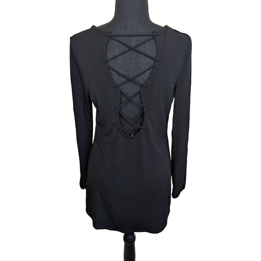 Express Women's Tunic Top Black Lace Up Strappy Back Long Sleeve Casual Small